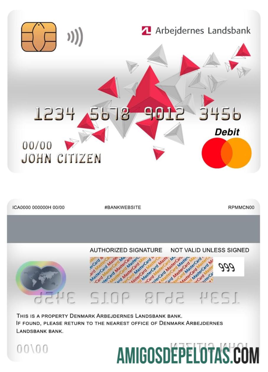 Cartão de débito mestre do banco Arbejdernes Landsbank da Dinamarca amostra